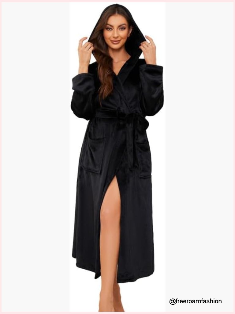 Womens Long Fleece Hooded Robe Soft Lightweight Spa Bathrobe With Pockets